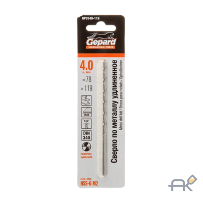 Сверло по металлу ц/х 4.0х78х119 мм удлиненное HSS-G GEPARD (GP0340-119)